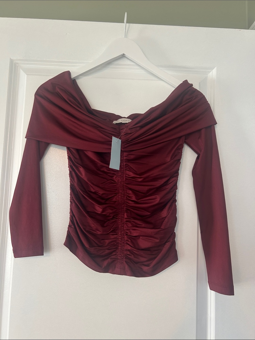 LOFT Burgundy Off-Shoulder Ruched Long Sleeve Top